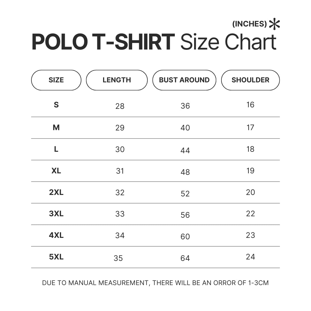 3D Polo Shirt Size Chart - Fullmetal Alchemist Merch