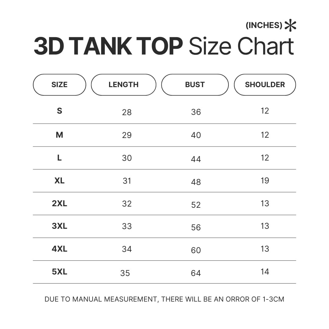 3D Tank Top Size Chart - Fullmetal Alchemist Merch