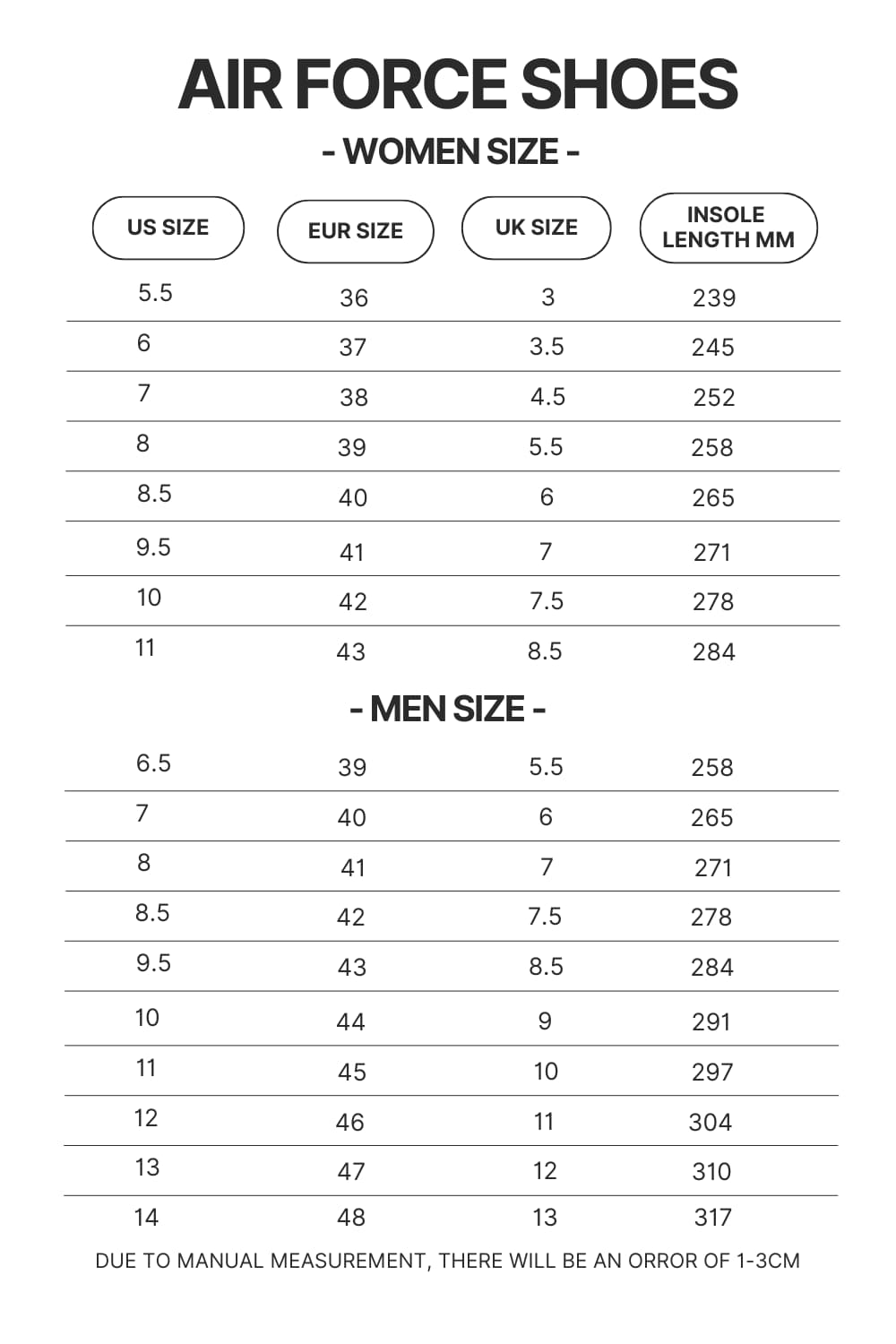 Air Force Shoes Size Chart - Fullmetal Alchemist Merch