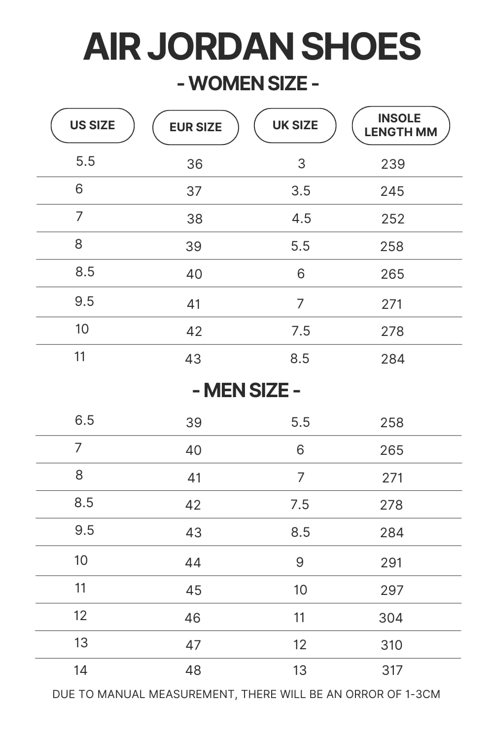 Air Jordan Shoes Size Chart - Fullmetal Alchemist Merch