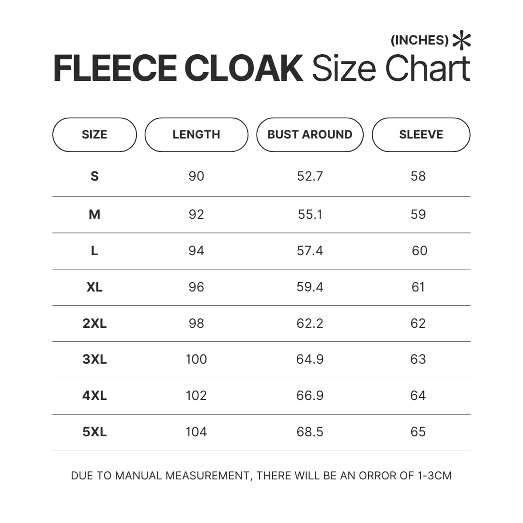 Fleece Cloak Size Chart - Fullmetal Alchemist Merch