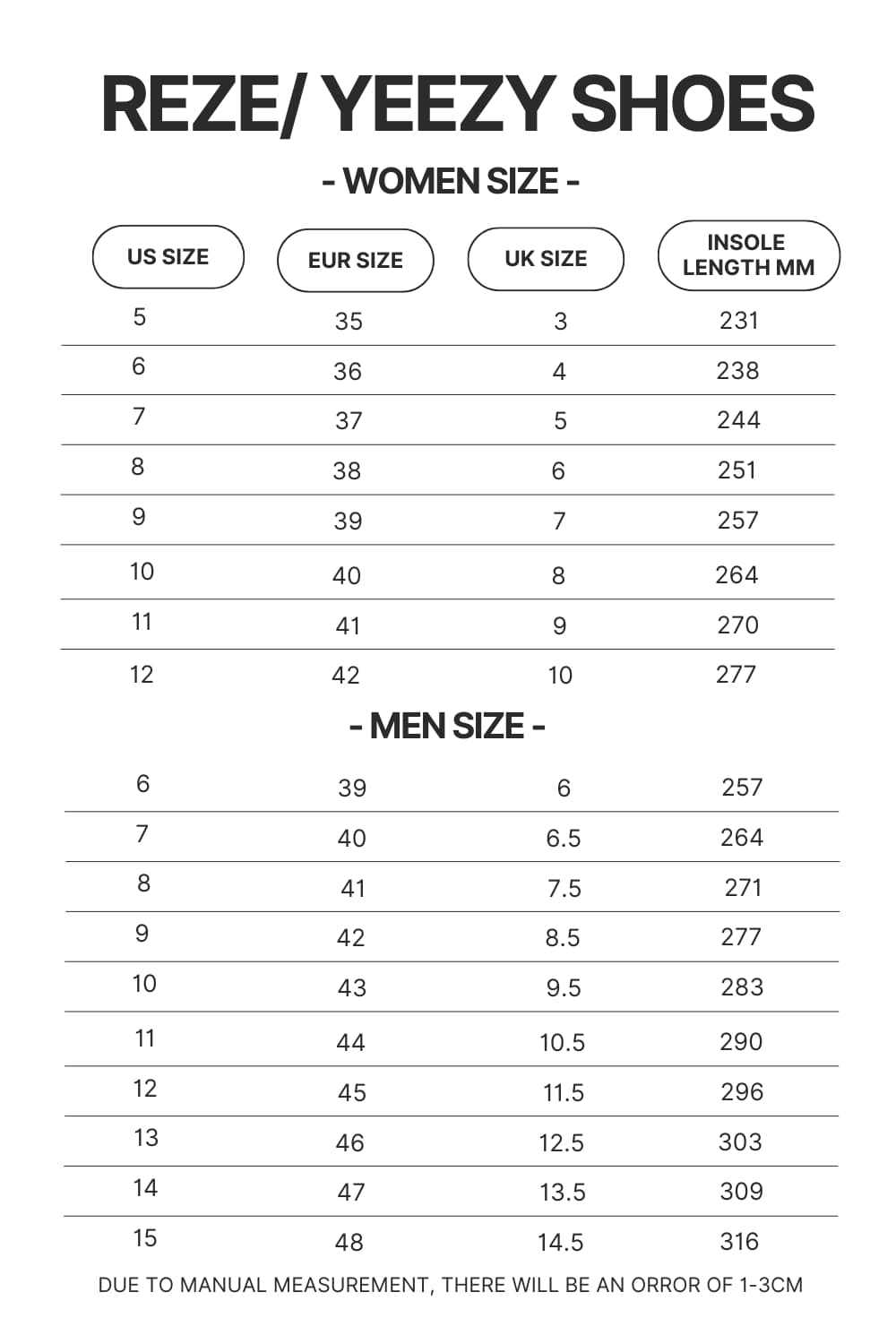 Reze Yeezy Shoes Size Chart - Fullmetal Alchemist Merch