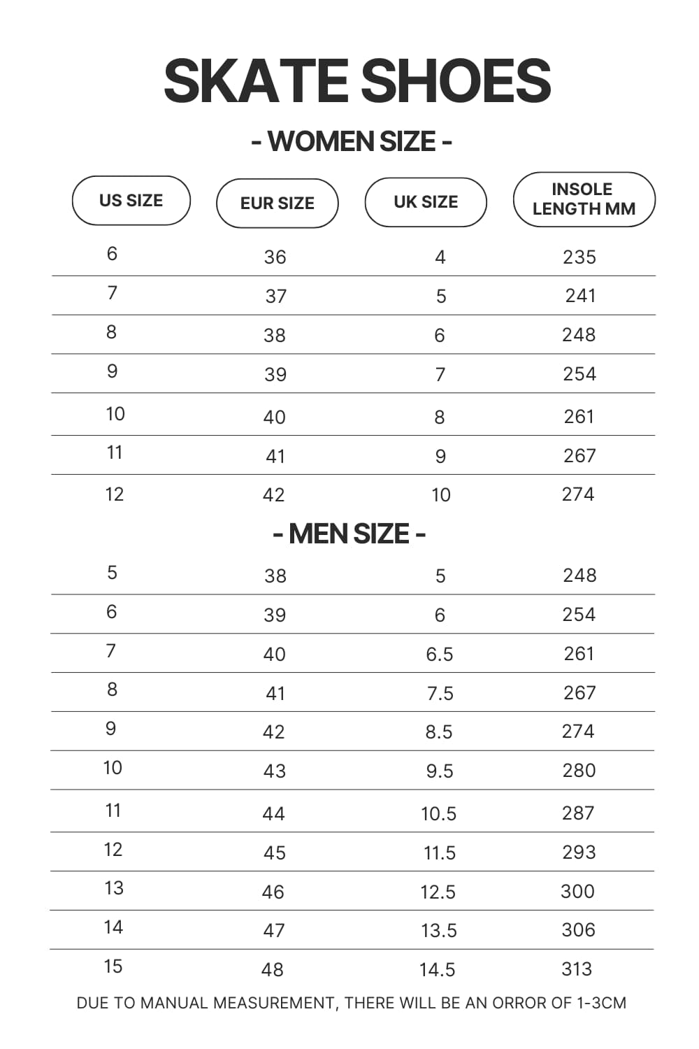 Skate Shoes Size Chart - Fullmetal Alchemist Merch