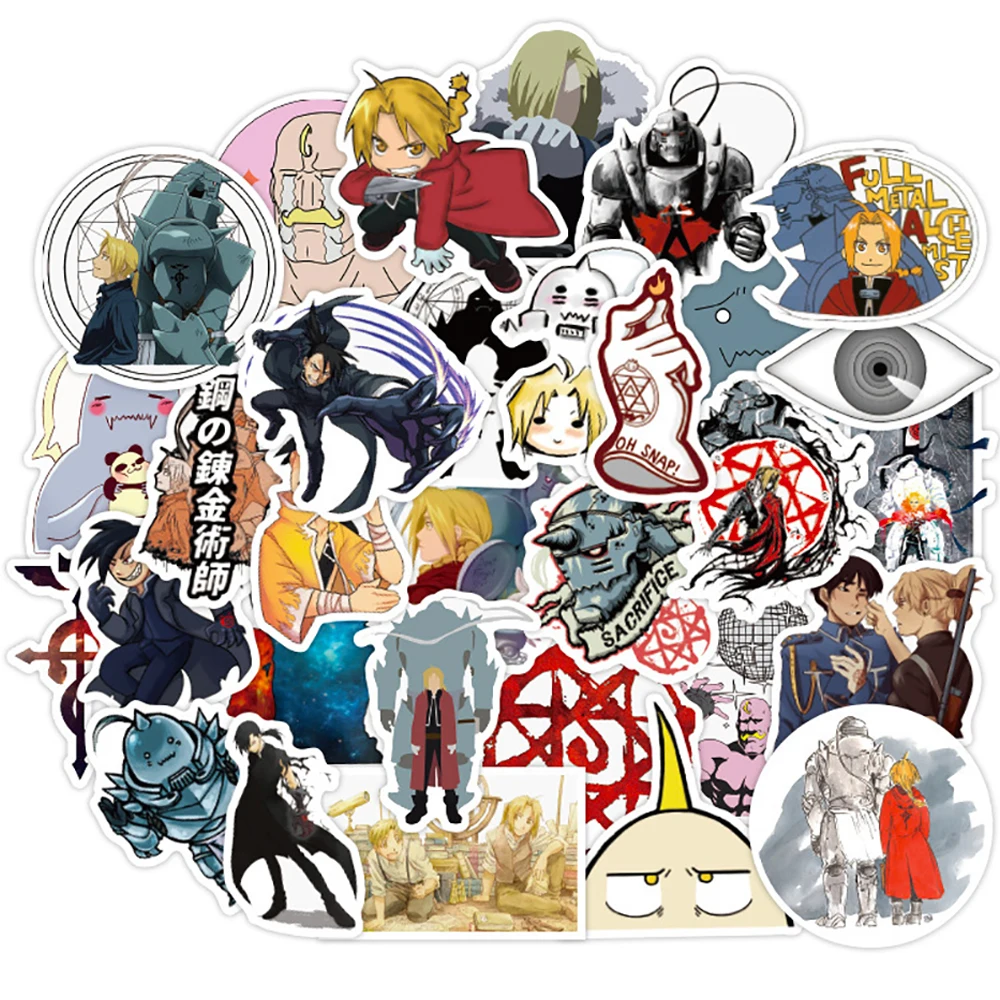 kf Ha490d56208bf42be9f5df85644a138d7p 10 30 50PCS Fullmetal Alchemist Anime Graffiti Stickers DIY Motorcycle Travel Luggage Skateboard Classic Kid Toy - Fullmetal Alchemist Merch